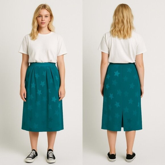 Vintage 100% Silk Star Print Midi Skirt Teal - Picture 1 of 5